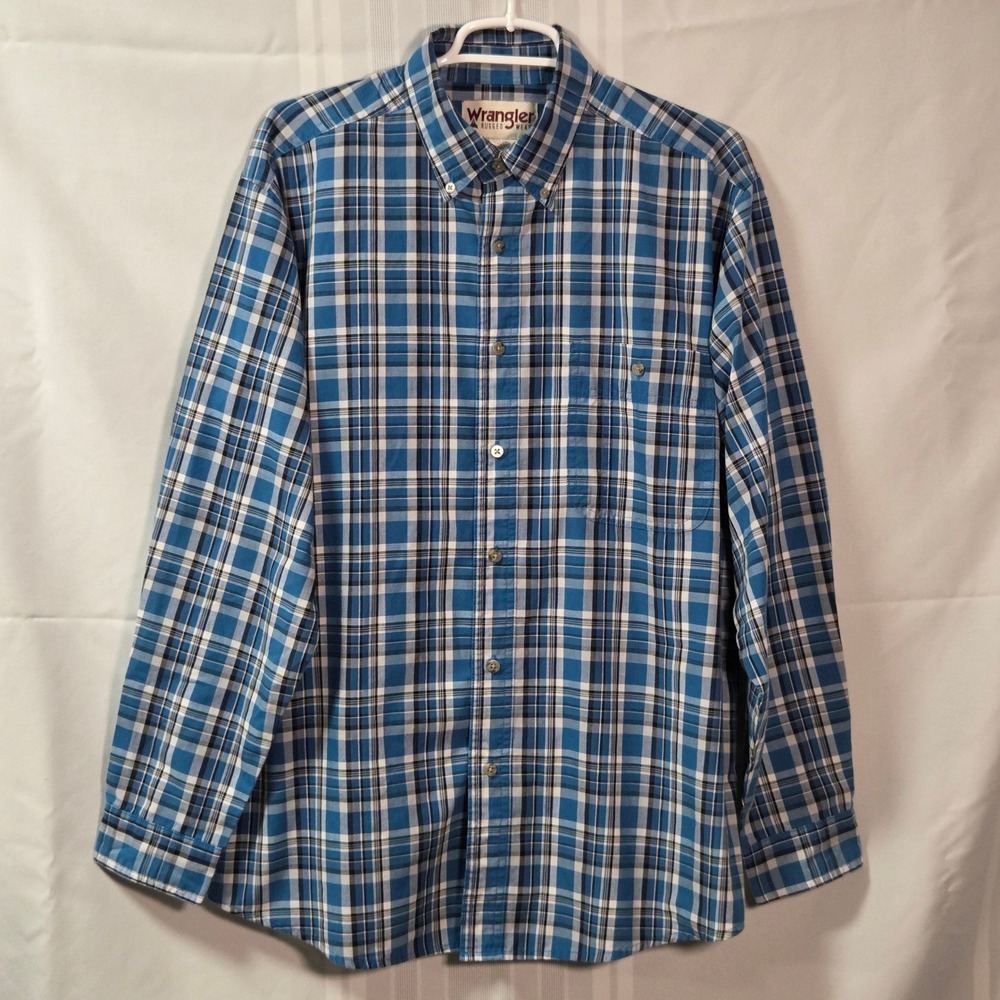 Wrangler Shirt Mens Large Blue Rugged Wear Plaid Button Down Long Sleeve RWL74BB
